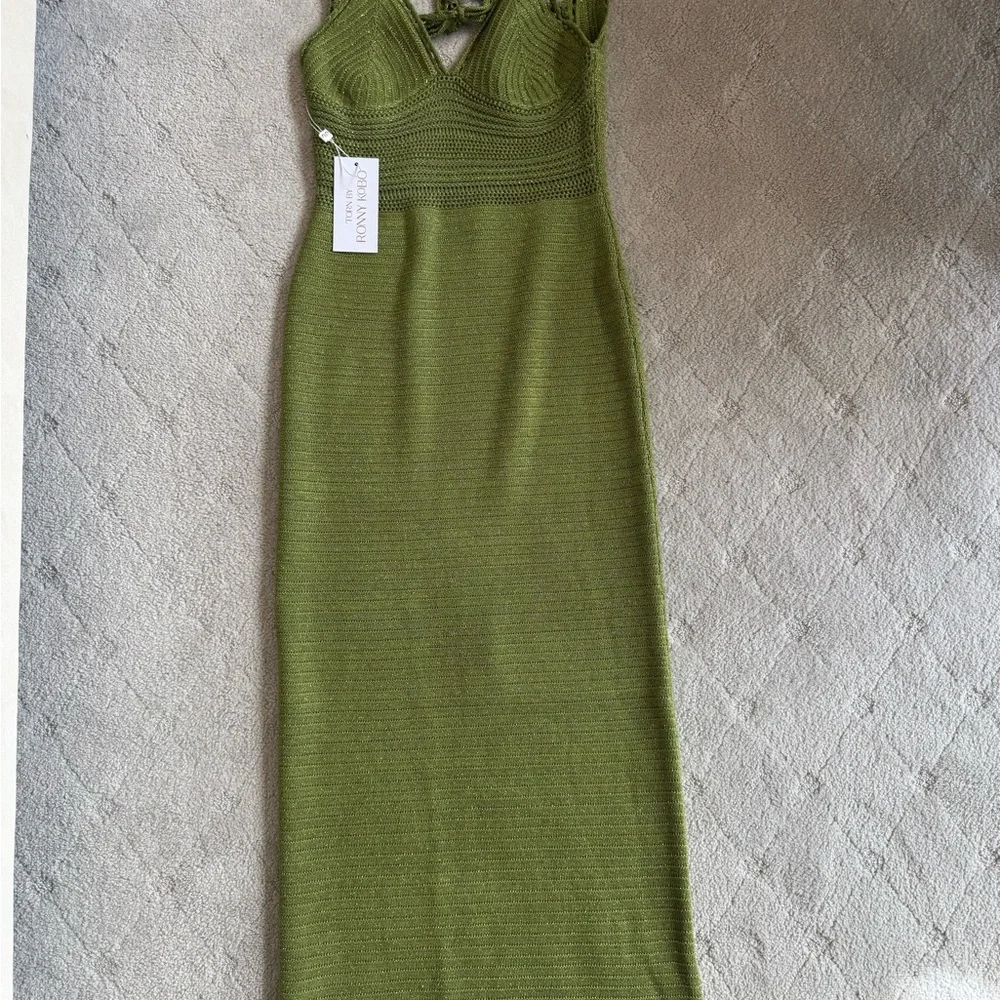 Torn by Ronny Kobo Madi Dress in metallic green sexy beach crochet midi sz m - Picture 11 of 15